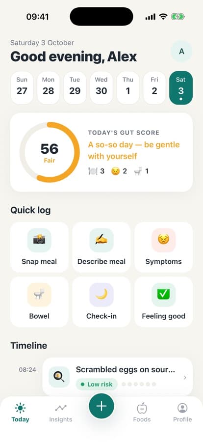 Today screen with gut score and quick logging